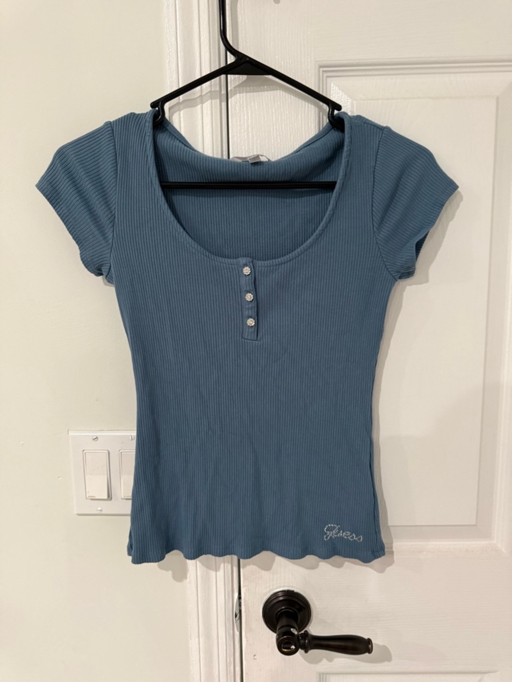 Guess Blue Ribbed Scoop Neck Button Tee - Women